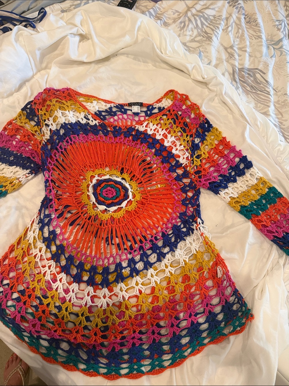 VENUS Multicolor Crochet Fringe Top in Blue, Pink, Orange, White